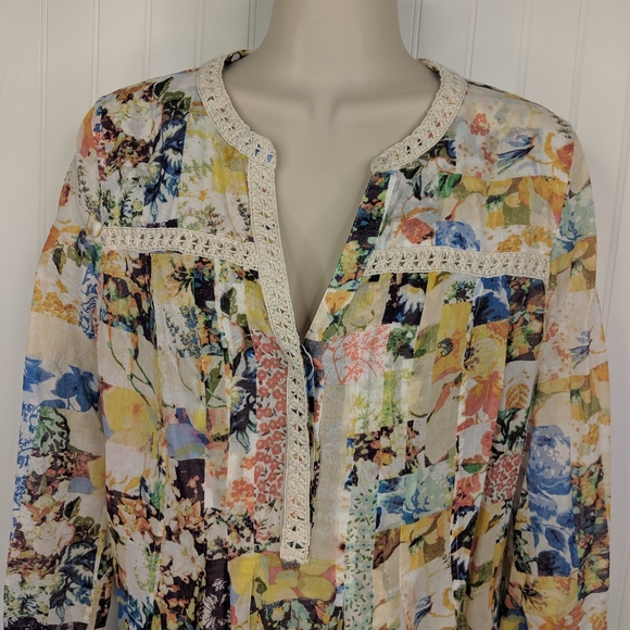 Anthro Maeve Floral Crochet Trim Babydoll Blouse 6 - Picture 5 of 8